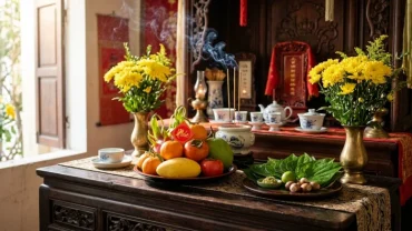 Mâm lễ cúng ngày sóc trang nghiêm với hoa cúc vàng, trầu cau và hương đăng khi đọc văn khấn mùng 1