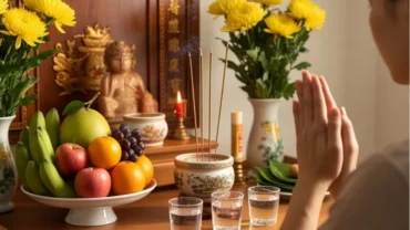 Gia chủ thành tâm chắp tay đọc văn khấn mùng 1 hàng tháng trước mâm lễ đầy đủ hoa quả tươi và hương nhang trang nghiêm