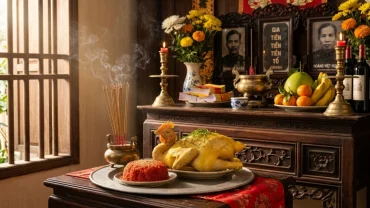 Mâm cỗ truyền thống và không gian trang nghiêm khi đọc văn khấn mùng 2 tết tại gia đình Việt