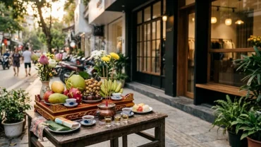 Mâm lễ vật trang nghiêm chuẩn bị cho nghi thức đọc văn khấn mùng 2 và 16 tại cửa hàng kinh doanh