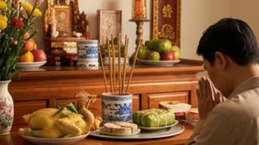 Mâm cỗ truyền thống và gia chủ đang chắp tay đọc văn khấn mùng 3 Tết trước ban thờ gia tiên