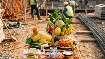 Mâm lễ vật cúng động thổ truyền thống khi đọc văn khấn mượn tuổi làm nhà để cầu mong công trình thi công thuận lợi