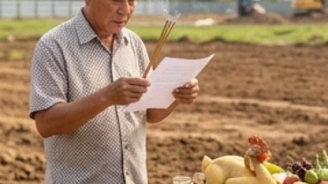 Người đàn ông lớn tuổi đọc văn khấn mượn tuổi làm nhà trước mâm lễ động thổ tại khu đất chuẩn bị xây dựng