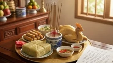 Mâm cúng và văn khấn ngày 30 Tết với đầy đủ hương hoa và cỗ mặn truyền thống
