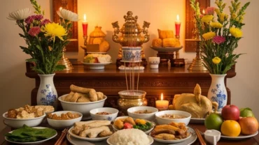 Mâm cúng gia tiên tươm tất với nhang đèn trầm ấm dâng lên cùng bài văn khấn ngày giỗ truyền thống