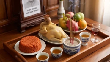 Mâm cỗ mặn và hương hoa được bày biện trang nghiêm trong lúc đọc văn khấn ngày giỗ anh trai