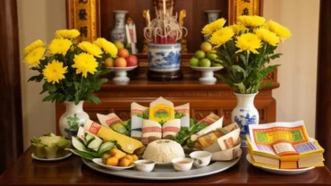 Mâm lễ vật chay cùng văn khấn ngày giỗ Bà Phi Yến được chuẩn bị trang trọng tại An Sơn Miếu