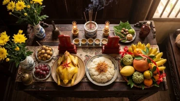 Mâm cúng tươm tất và bài văn khấn ngày giỗ chồng trang nghiêm trên hương án truyền thống Việt Nam