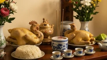 Mâm cúng giỗ truyền thống với hương hoa và trà rượu được chuẩn bị trang nghiêm để đọc văn khấn ngày giỗ chồng