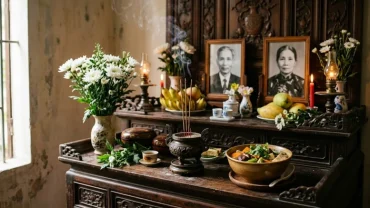 Mâm cúng chay thanh tịnh được bày biện trang nghiêm chuẩn bị cho nghi thức đọc văn khấn ngày giỗ con tại gia đình