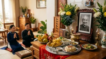 Mâm cúng truyền thống và bài văn khấn ngày giỗ đầu bố mẹ được chuẩn bị trang nghiêm tại gia đình Việt Nam