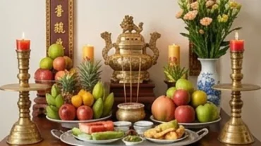 Mâm cúng và văn khấn ngày giỗ em được bày biện trang nghiêm trên bàn thờ gia tiên với đầy đủ hương hoa