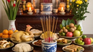 Mâm cỗ mặn truyền thống và hương hoa trên bàn thờ khi chuẩn bị đọc văn khấn ngày giỗ ông bà
