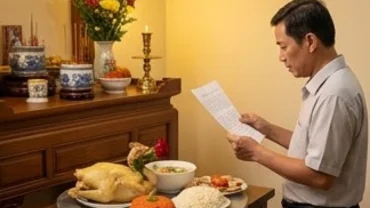 Người chồng thành tâm chuẩn bị mâm cúng và đọc văn khấn ngày giỗ vợ trước bàn thờ gia tiên trang nghiêm