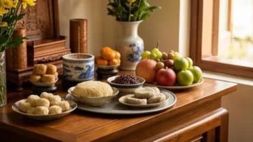 Mâm cúng tươm tất chuẩn bị cho việc đọc bài văn khấn ngày mùng 5 tháng 5 trước bàn thờ gia tiên để xua đuổi tà khí