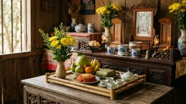 Mâm cúng truyền thống với đầy đủ hương hoa và xôi chè được sắp xếp trang nghiêm để chuẩn bị đọc văn khấn ngày rằm