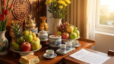 Mâm lễ vật cúng và bài văn khấn ngày rằm hàng tháng chuẩn bị tươm tất trên ban thờ gia tiên