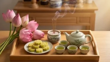 Mâm lễ thanh tịnh dâng văn khấn ngày sinh Chủ tịch Hồ Chí Minh gồm hoa sen và trà mạn
