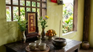 Mâm lễ mộc tối giản với ba chén nước và nén hương khi đọc bài văn khấn ngày thường tại gia tiên
