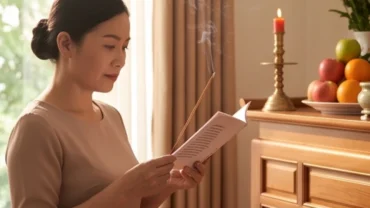 Người phụ nữ mặc áo tràng đứng trước ban thờ gia tiên đọc văn khấn ngày thường với mâm lễ hoa quả tươi