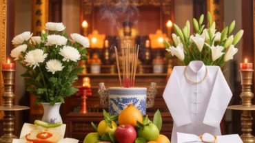 Mâm lễ thanh khiết chuẩn bị cho nghi thức đọc văn khấn ngày tiệc Bà Chúa Năm Phương tại đền linh thiêng
