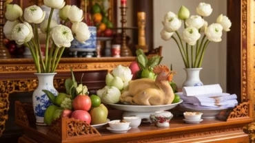 Mâm lễ vật màu trắng tinh khiết dâng lên đền Thoải phủ khi thực hành văn khấn ngày tiệc Cô Bơ