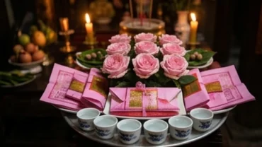 Mâm lễ màu hồng phớt dâng Cô Chín cùng văn khấn ngày tiệc Cô Chín tại Đền Sòng Sơn