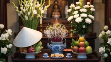 Mâm lễ trắng tinh khôi chuẩn bị cho lễ đọc văn khấn ngày tiệc Cô Sáu tại nghĩa trang Hàng Dương Côn Đảo
