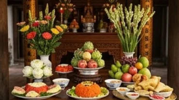 Mâm lễ vật tươm tất cùng sớ điệp chuẩn bị cho bài văn khấn ngày tiệc Mẫu Hưng Yên tại khuôn viên di tích