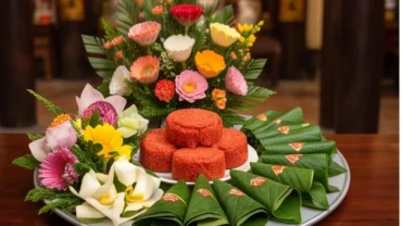 Mâm lễ thuần chay dâng tiệc Mẫu Sòng Sơn với hoa tươi, oản đỏ và trầu cau được bày trí trang nghiêm