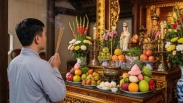 Tín chủ chắp tay đọc bài văn khấn ngày tiệc Mẫu tại Đền Ghềnh để cầu bình an