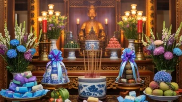 Mâm lễ vật màu xanh lam và bài văn khấn ngày tiệc Ông Hoàng Bảy chuẩn nghi thức tại đền Bảo Hà