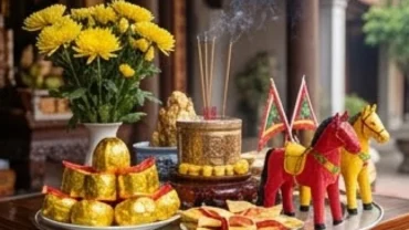 Người dân dâng mâm lễ vật màu vàng cùng văn khấn ngày tiệc Ông Hoàng Mười tại đền