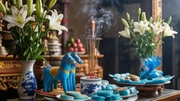 Mâm lễ dâng Quan Lớn Tuần Tranh với các vật phẩm màu xanh dương và sớ văn khấn tại đền