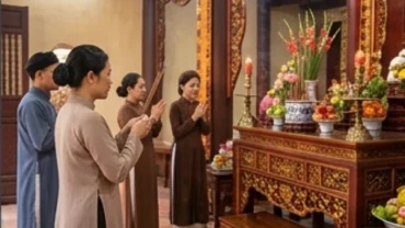 Người dân thành tâm dâng hương và đọc văn khấn ngày tiệc tại Đền Tam Kỳ với mâm lễ vật trang nghiêm