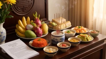 Mâm lễ cúng tươm tất dâng lên bàn thờ cùng bài văn khấn ngày vía Bà Bổn Mạng cầu bình an