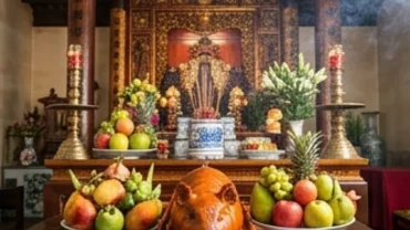 Mâm lễ vật tươm tất dâng lên chánh điện miếu Núi Sam cùng bài văn khấn ngày vía Bà Chúa Xứ chuẩn tâm linh