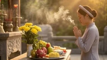 Người hành hương thành tâm đọc văn khấn ngày vía Bà Đen trước mâm lễ chay trang trọng tại điện thờ