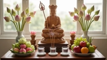 Mâm lễ chay thanh tịnh dâng cúng cùng bài văn khấn ngày vía Địa Tạng Bồ Tát tại gia đình