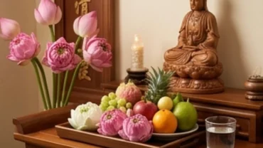 Mâm lễ chay thanh tịnh dâng lên bàn thờ cùng văn khấn ngày vía Quan Âm tại nhà