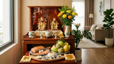Mâm lễ cúng tươm tất với bộ tam sên bên cạnh bài văn khấn ngày vía thần tài cầu may mắn đầu năm
