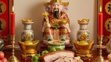 Mâm cỗ cúng văn khấn ngày vía Thần Tài với đầy đủ bộ Tam Sên và nến hoa đỏ