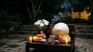 Mâm đồ lễ cúng và bài văn khấn nghĩa trang Hàng Dương với hoa cúc trắng cùng nhang đèn trang nghiêm