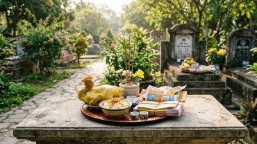 Mâm lễ cúng tươm tất chuẩn bị cho nghi thức đọc văn khấn ngoài mộ tại khu lăng mộ gia đình