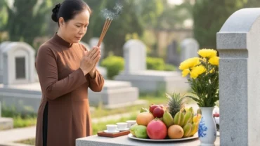Người đại diện gia đình đang chắp tay thành kính đọc văn khấn ngoài mộ trước mâm lễ vật tươm tất
