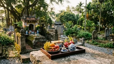 Mâm lễ vật tươm tất phục vụ cho nghi thức đọc văn khấn ngoài mộ trước ngày giỗ của người Việt