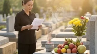 Người nhà thành kính đọc văn khấn ngoài mộ trước ngày giỗ bên mâm lễ vật tươm tất dâng lên gia tiên