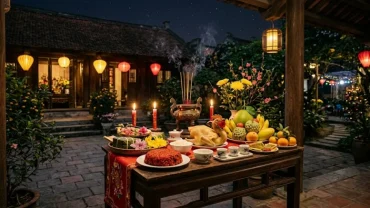 Mâm lễ vật được bày biện trang nghiêm chuẩn bị cho nghi thức đọc văn khấn ngoài trời 30 tết truyền thống