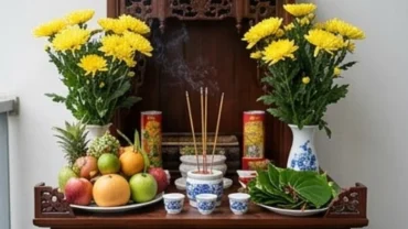 Mâm lễ cúng ngoài trời ngày mùng 1 với hoa tươi, ngũ quả và hương nến được bày trí trang nghiêm trước sân nhà