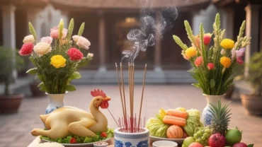 Mâm lễ vật cúng ngoài trời ngày rằm được bày biện trang trọng trước sân nhà với đầy đủ hương hoa và trà quả